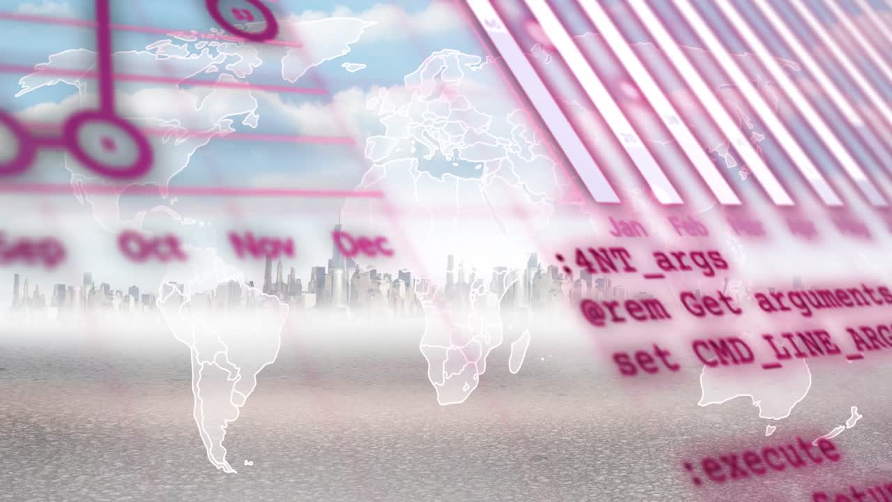 데이터 처리 및 도시 풍경에 대한 세계 지도의 애니메이션