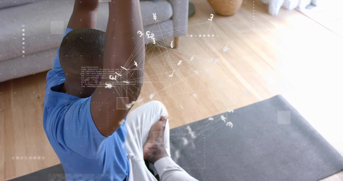 Man initiating arm lift on yoga mat driving finance insight and forming animated currency network