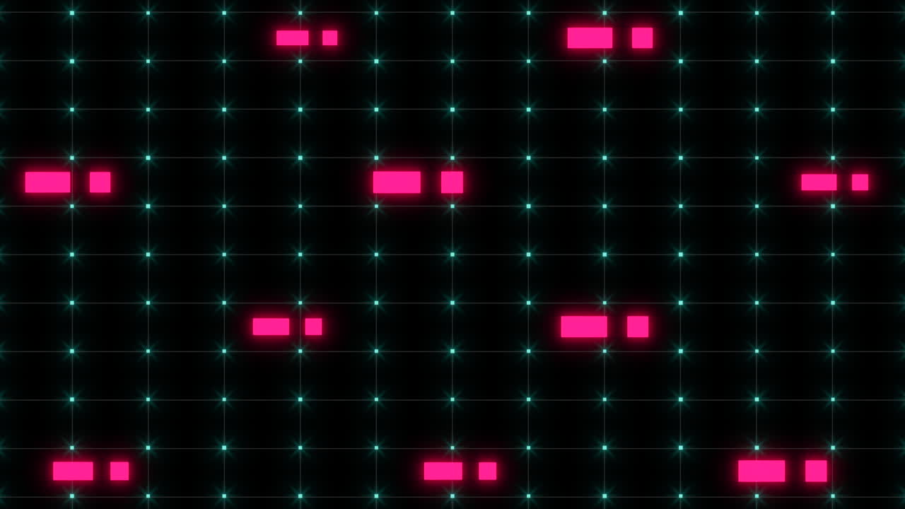 Glowing red square pattern vibrant squares emit bright blue light on black background