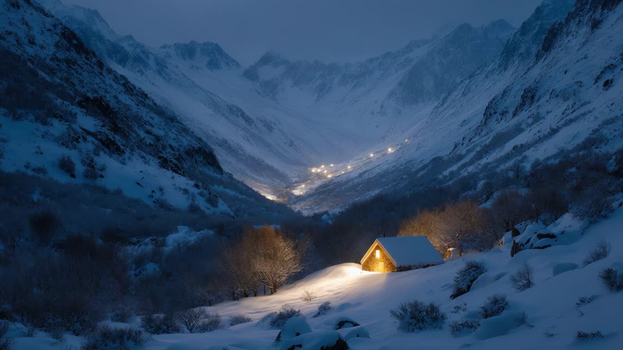 A Serene Snow-Covered Mountain Landscape at Dusk with a Cozy Cabin Illuminating the Tranquil Valley and Reflecting the Peaceful Essence of Winter's Embrace