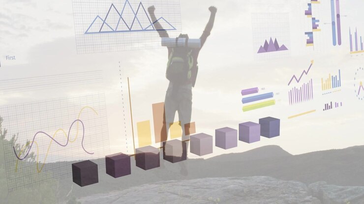 Male hiker walking rocky ridge causing 3D bars rising, adjusting pack, cheering for business growth