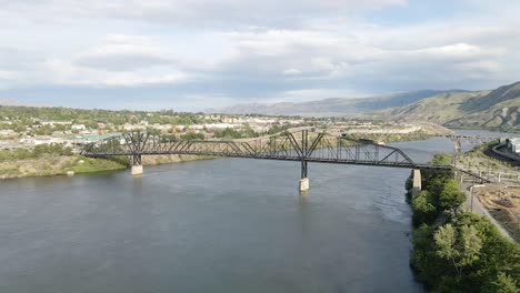 columbia river and old wenatchee bridge, washington usa, aerial view