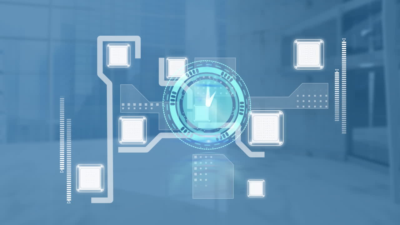 Animation of moving clock over integrated circuit and blue background