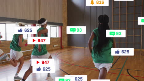 animation of icons and data processing over diverse female basketball players