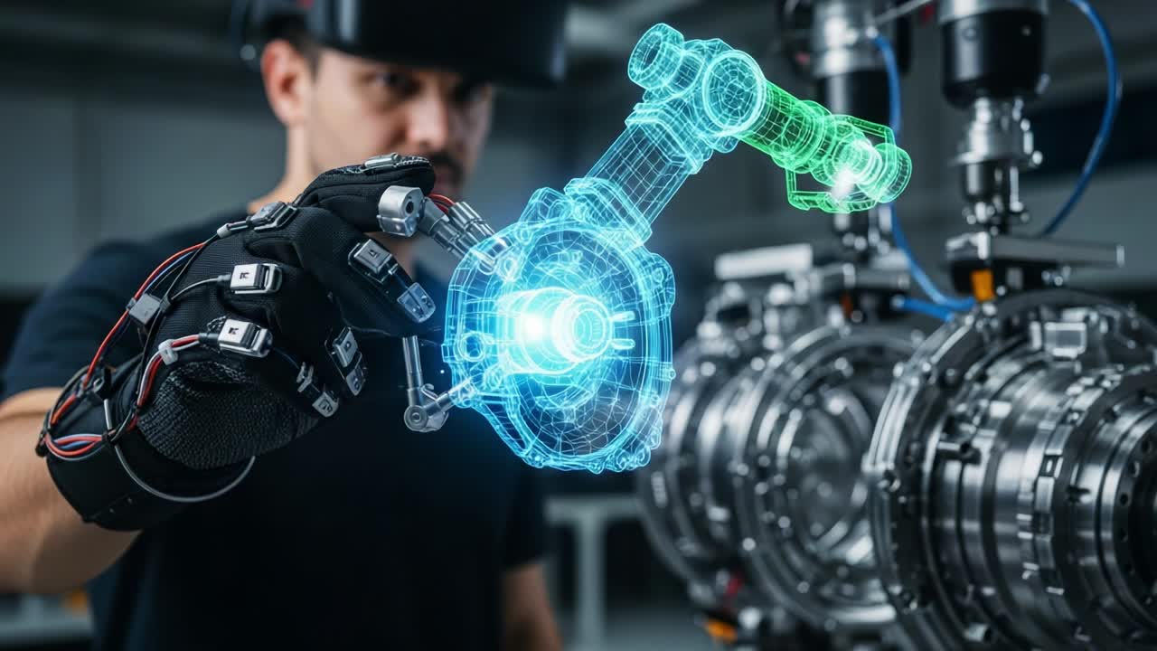 A skilled technician utilizes advanced haptic technology, showcasing a virtual representation of a robotic arm as he interacts with intricate machinery in a cutting-edge industrial environment