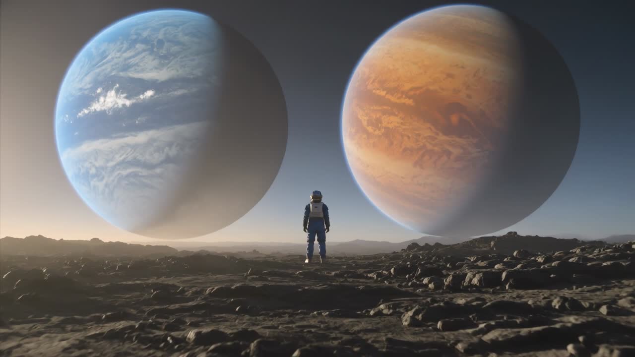 Camera tightening, astronaut contemplating arrival at twin planets on alien plain, suit pack