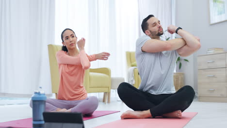 fitness, stretching and couple doing pilates