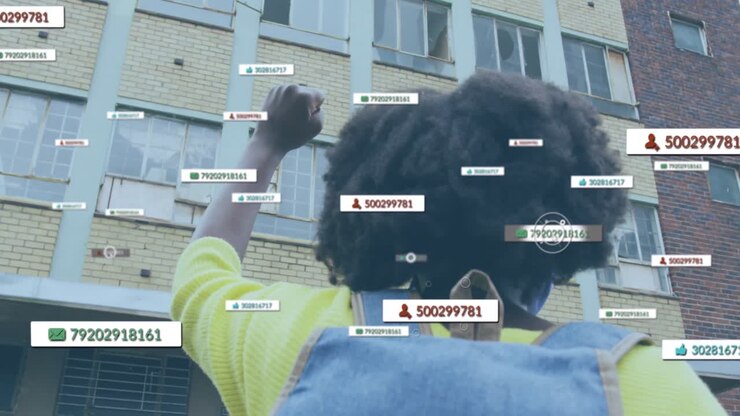 Animation of social media notifications over african american woman raising fist in city street