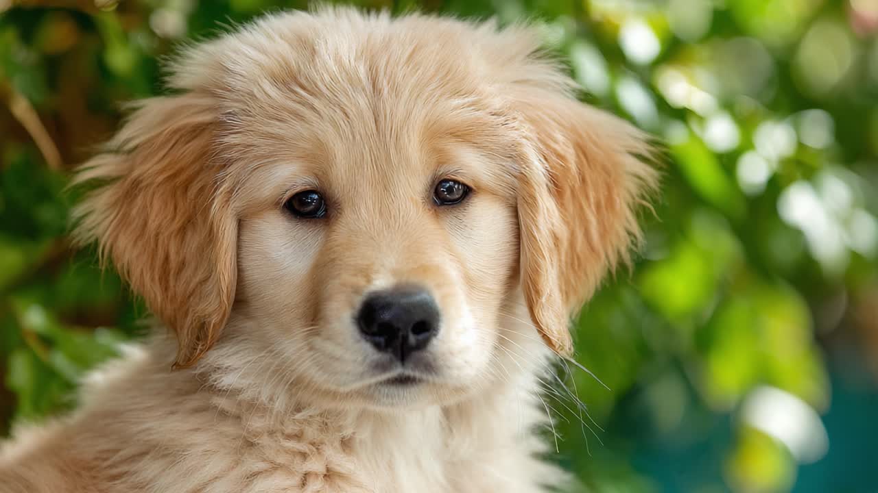 Adorable Golden Retriever Puppy Posing in a Lush Green Garden, Capturing the Innocent Charm and Playful Nature of Young Dogs in Natural Light