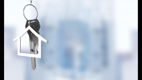 Animation-of-silver-house-keys-hanging-against-blurred-background-with-copy-space