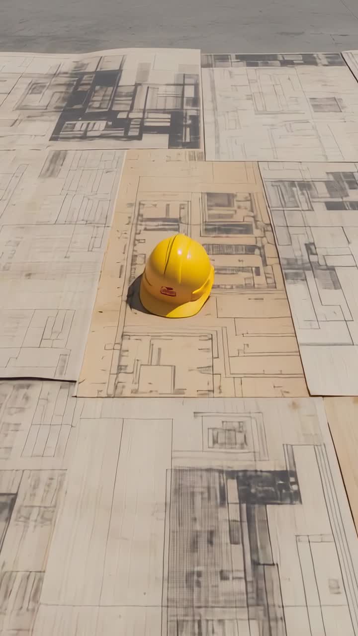 Vertical video: Panning camera, centering yellow hard hat, red logo on plans in warehouse for focus