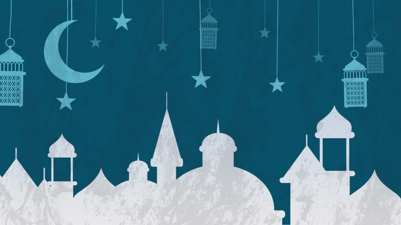 Animation of crescent, stars and mosque buildings in background