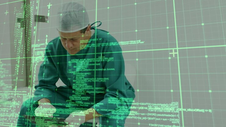 Animation of data processing over caucasian male surgeon using tablet
