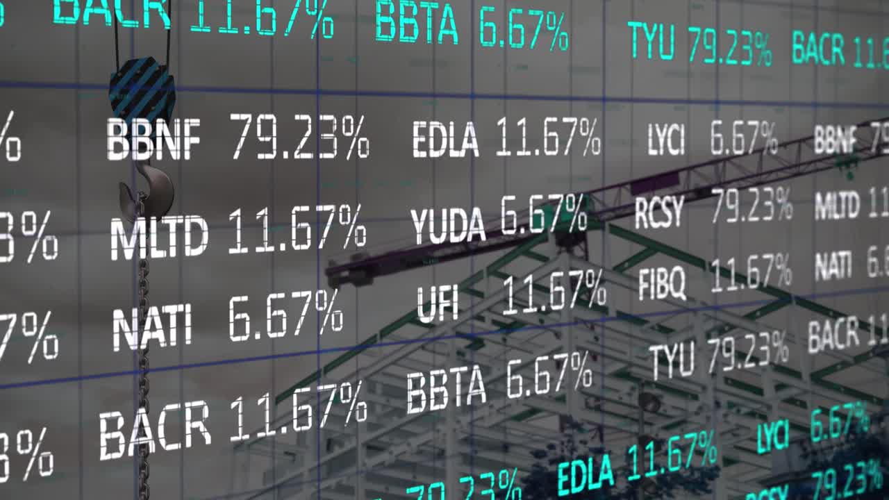 Animation of crane at construction site, financial data processing and statistics