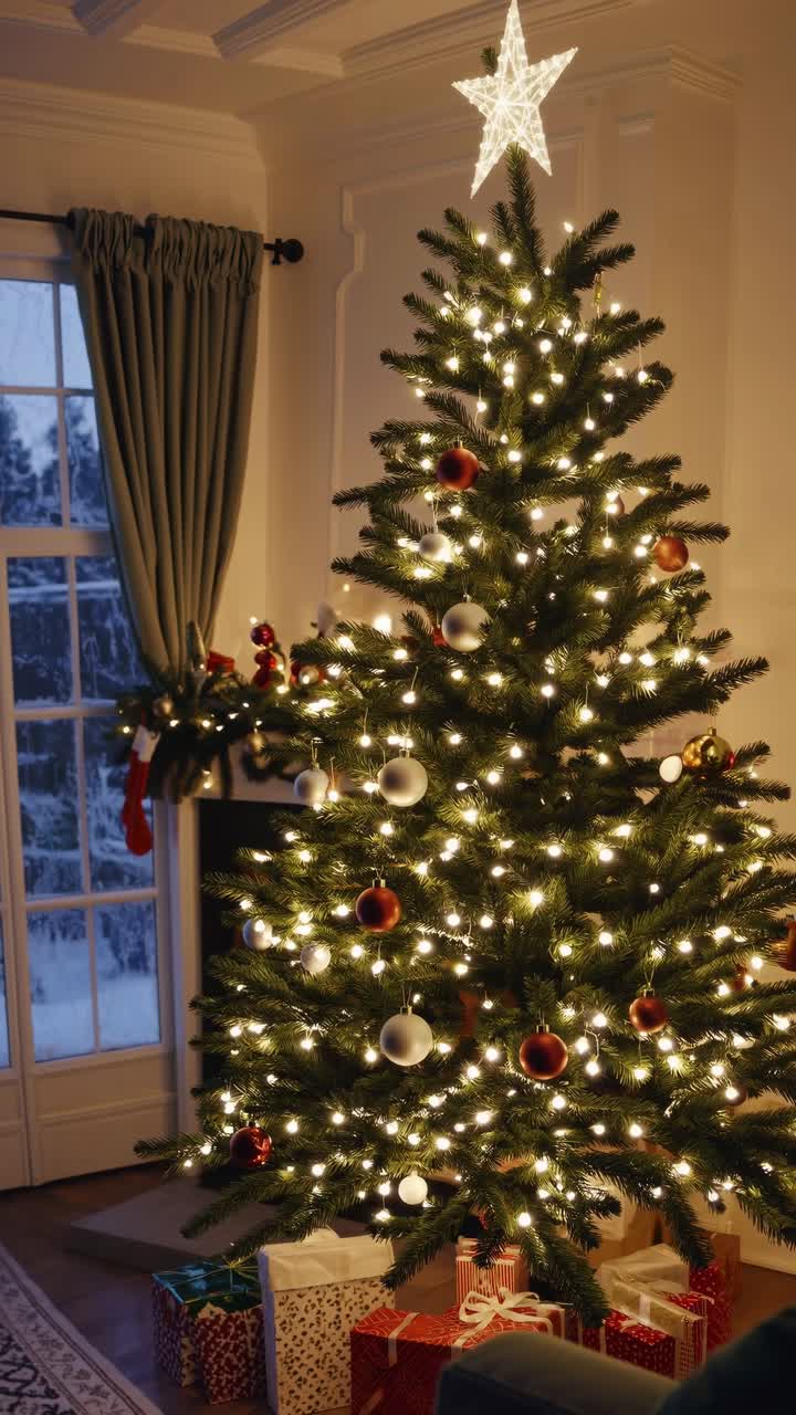 Cozy Christmas living room scene with a decorated tree, captured from a low angle