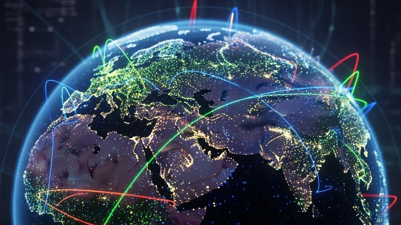 A Global Network: Illuminated Earth's Connectivity and Data Flow Through Dynamic Visuals of Geospatial Mapping and Technology