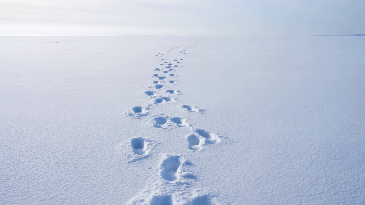 Footprints In Snow Lead To Horizon, Lone Hiker Path Across Pristine Frozen Plain Under Pale Blue Sky, Soft