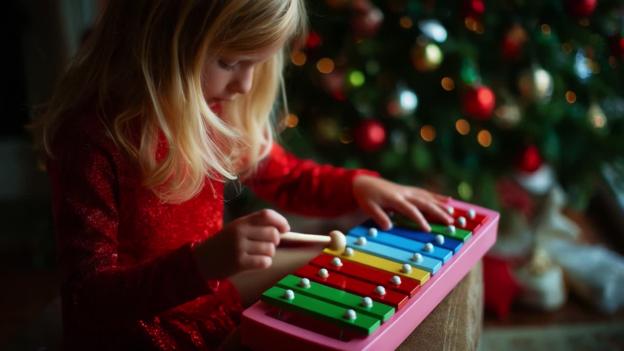 A Young Musician Delights in Playing a Colorful Xylophone Surrounded by Festive Decorations, Creating a Joyful Atmosphere Embraced by Holiday Cheer