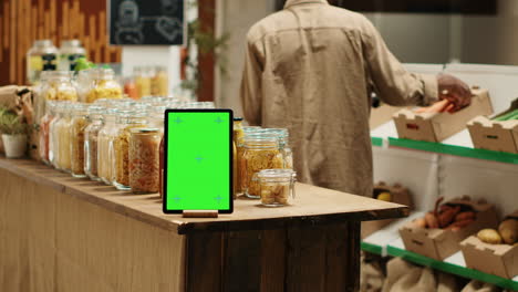 diseño de pantalla verde en una tableta en el supermercado orgánico local