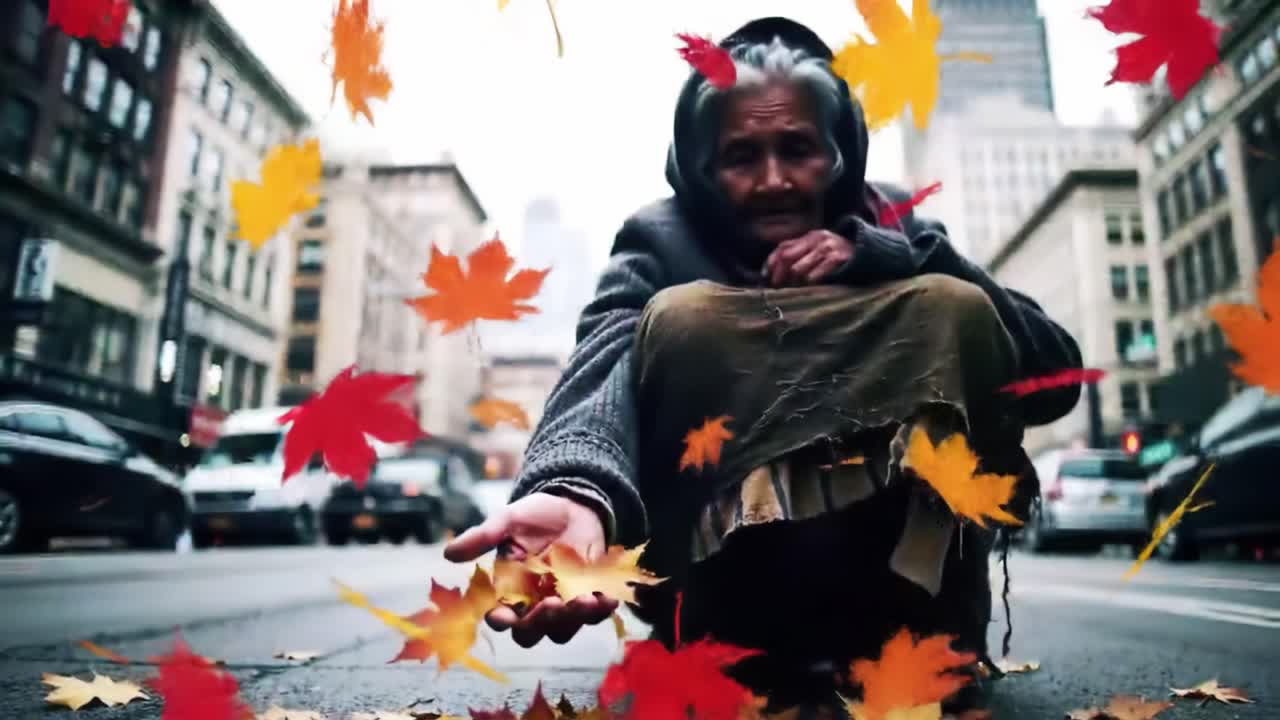 A person squats on a city street as colorful autumn leaves drift around them. The urban backdrop features tall buildings and a hint of overcast sky, suggesting a cool atmosphere.
