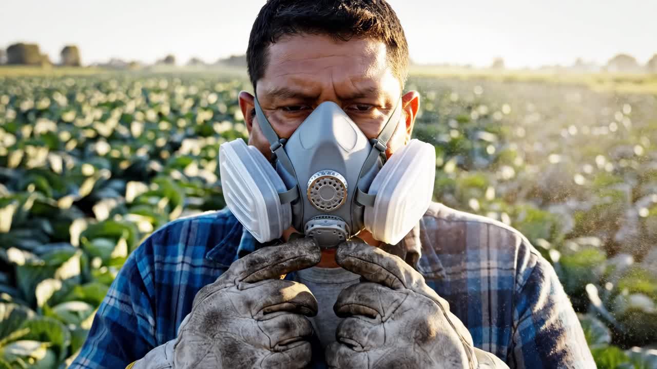 Farmer wearing gas mask in cabbage field