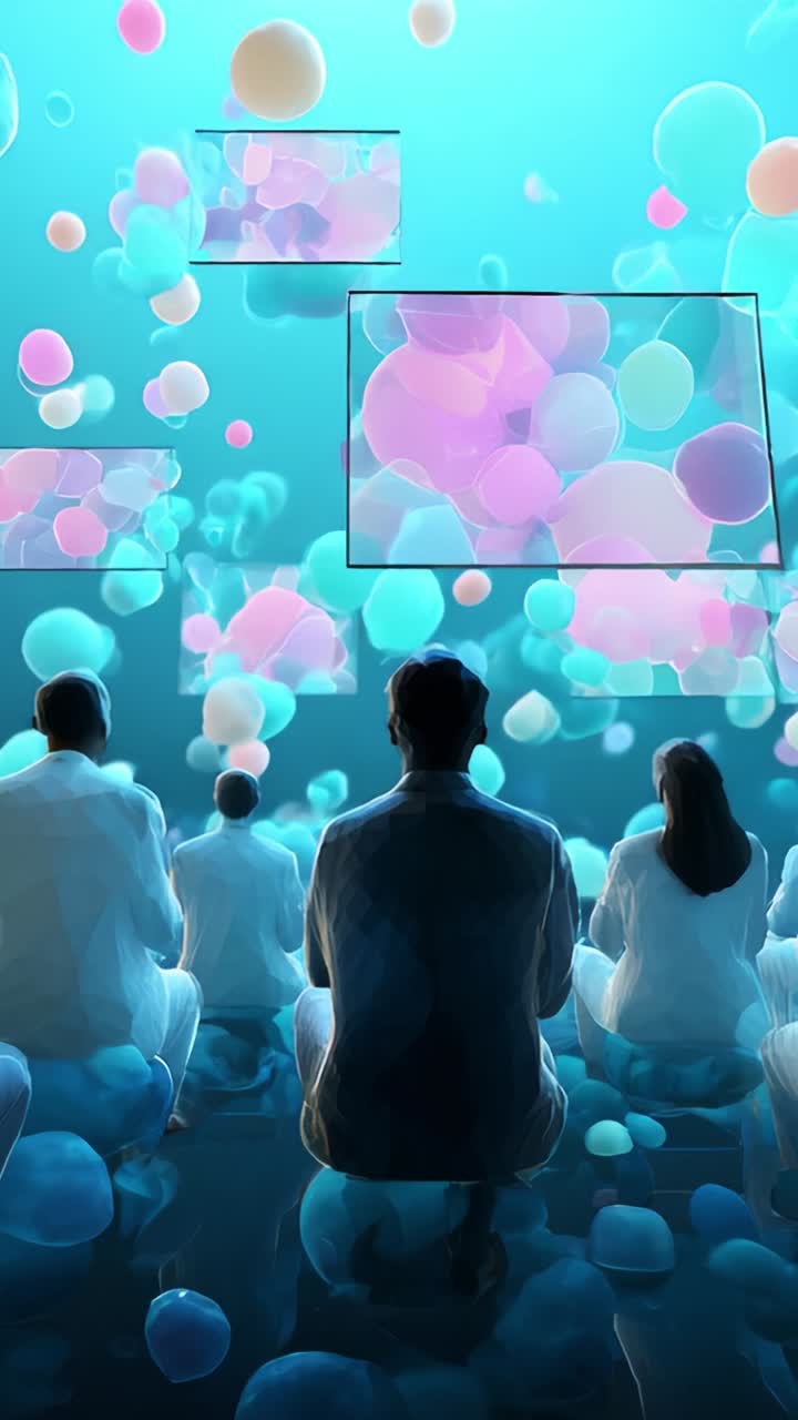 A Futuristic Gathering: An Enigmatic Audience Engaged in a Captivating Visual Experience Surrounded by Ethereal Bubbles and Digital Displays in a Mesmerizing Environment