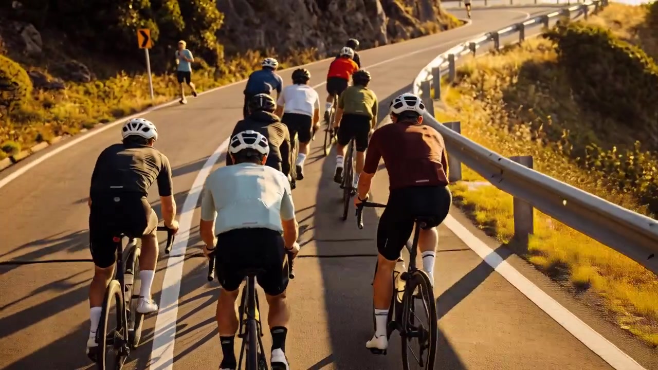 Cámara siguiendo a ciclistas de carretera pedaleando cuesta arriba en una carretera de montaña para entrenar, con cascos, barandilla.