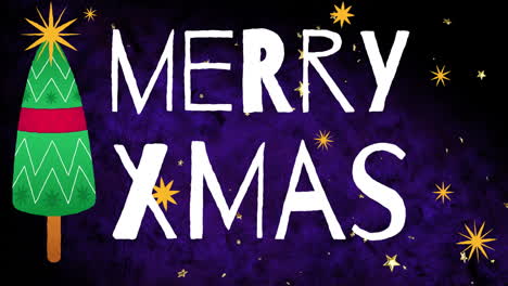 animation of merry xmas text over christmas decorations background