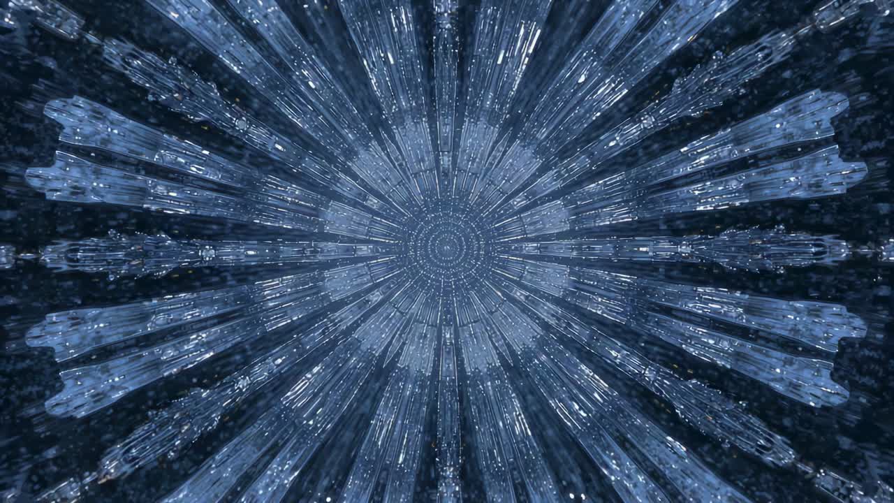 Advancing frames moving radial crystal tunnel inward in dome, creating depth toward central rings