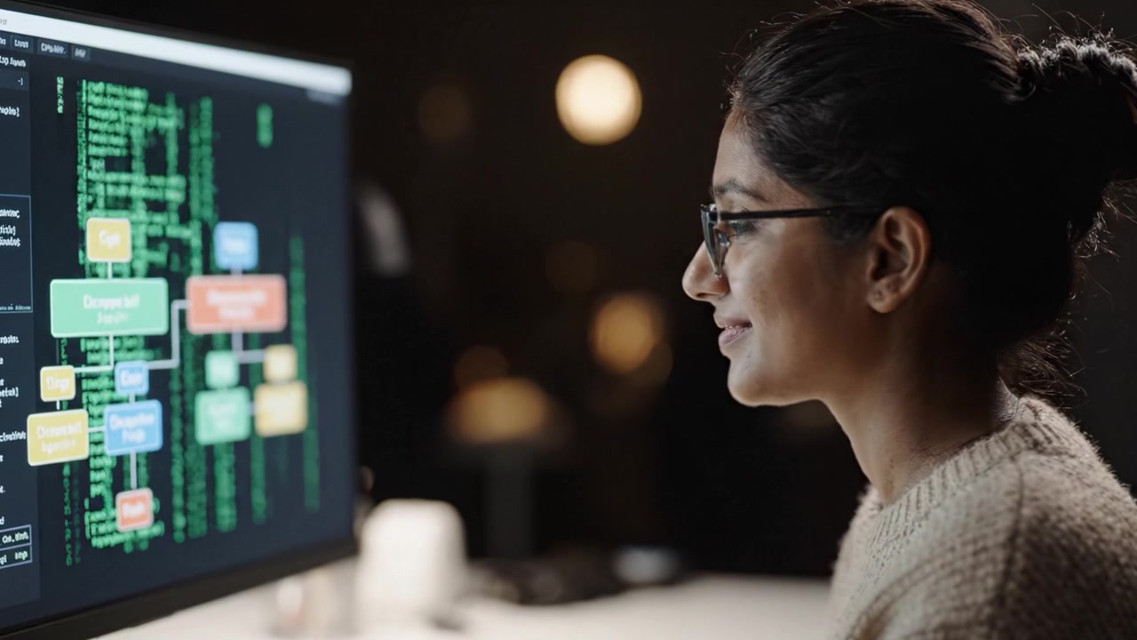 Fokuseret og engageret: En ung kvinde arbejder med kodningsprojekter i mørke omgivelser, udforsker softwareudvikling med innovative programmeringsteknikker