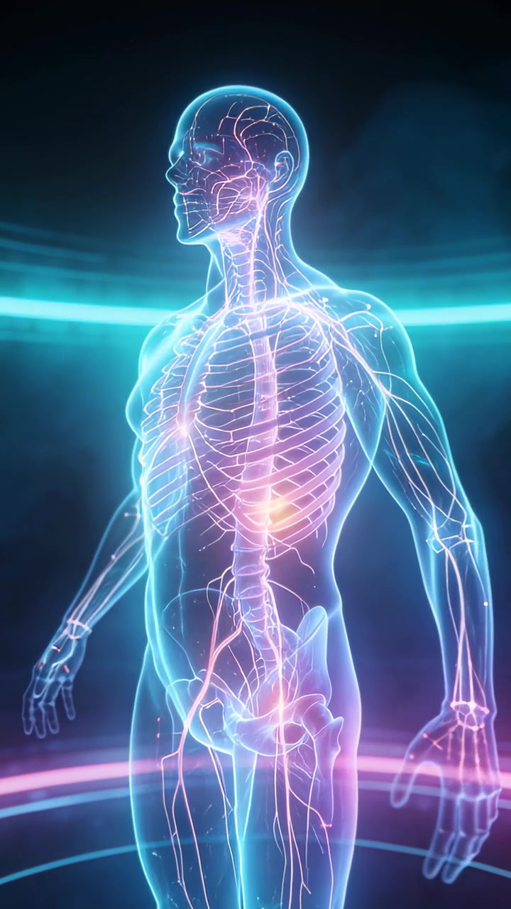 Vertical video: Starting playback neon hologram rotating to show skeleton, vascular network in lab