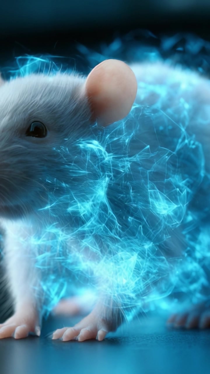 Una rappresentazione visivamente sorprendente di un topo bianco circondato da un'aura di energia blu eterea, che cattura l'essenza dell'esplorazione scientifica e dell'immaginazione