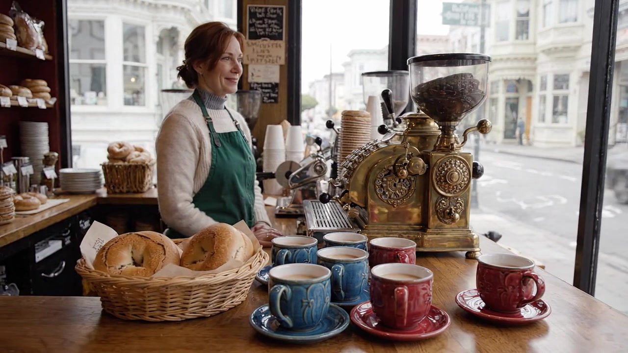 Scena accogliente in una caffetteria con un barista che serve caffè appena fatto e bagel, in un'atmosfera accogliente e con vivaci viste sulla strada.