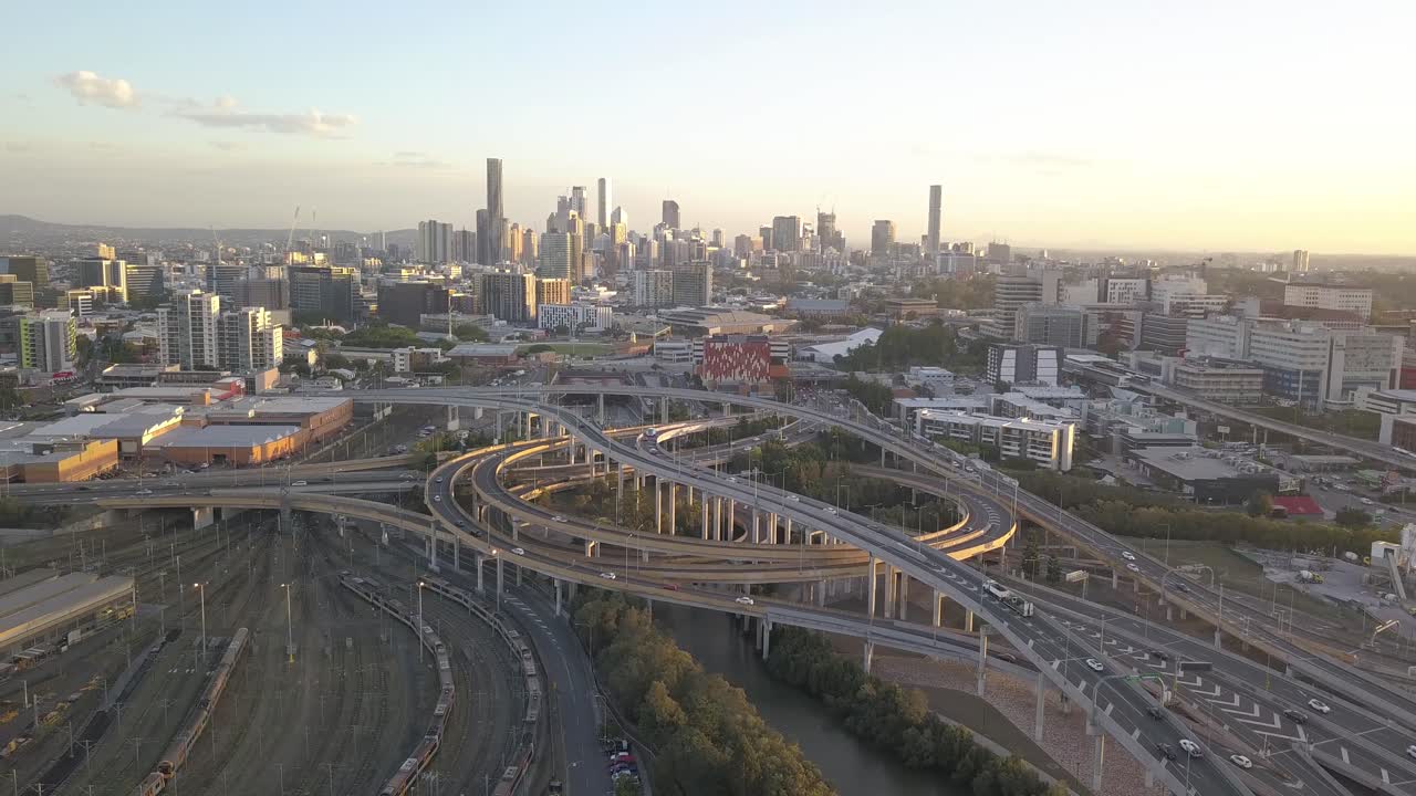 Aerial View of Brisbane City Skyline at Sunset