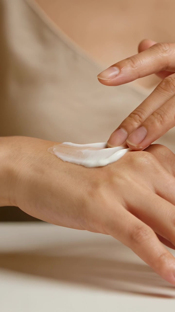 Video verticale: Dito indice destro che preme per testare una goccia di crema sul dorso della mano sinistra, su un tavolo con piano beige.