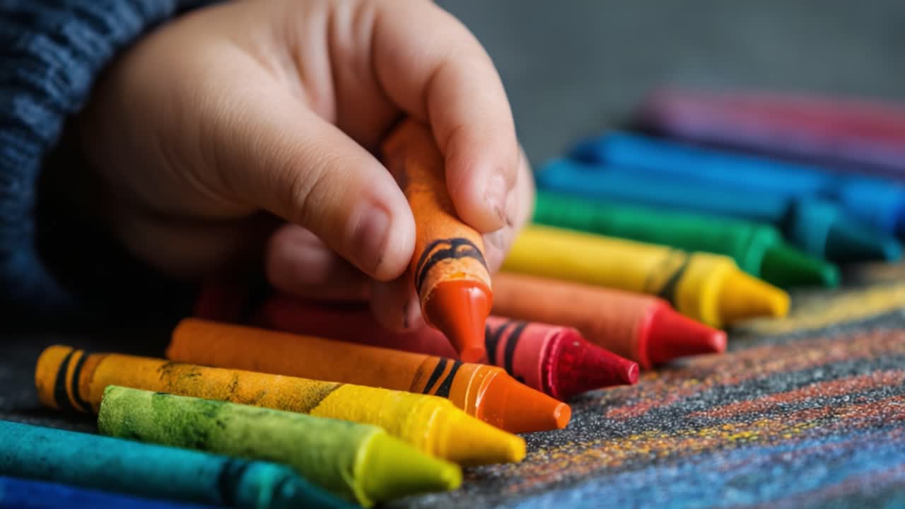 A Young Hand Carefully Selects an Orange Crayon from a Vibrant Rainbow of Colorful Crayons Lined Up Neatly on a Textured Surface, Showcasing Artistic Potential and Creativity