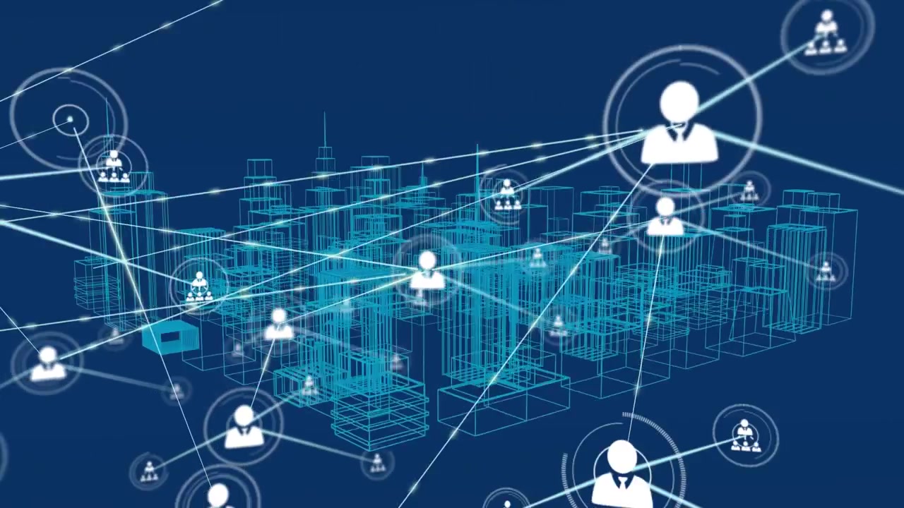 Animation of profile icons connecting with lines over digital cityscape