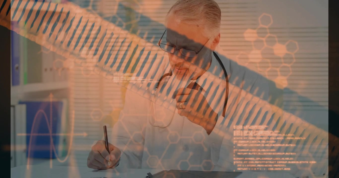 Schrijvende dokter in laboratoriumjas past stethoscoop aan en gebruikt een pen op een klembord aan een bureau, met data-overlays.
