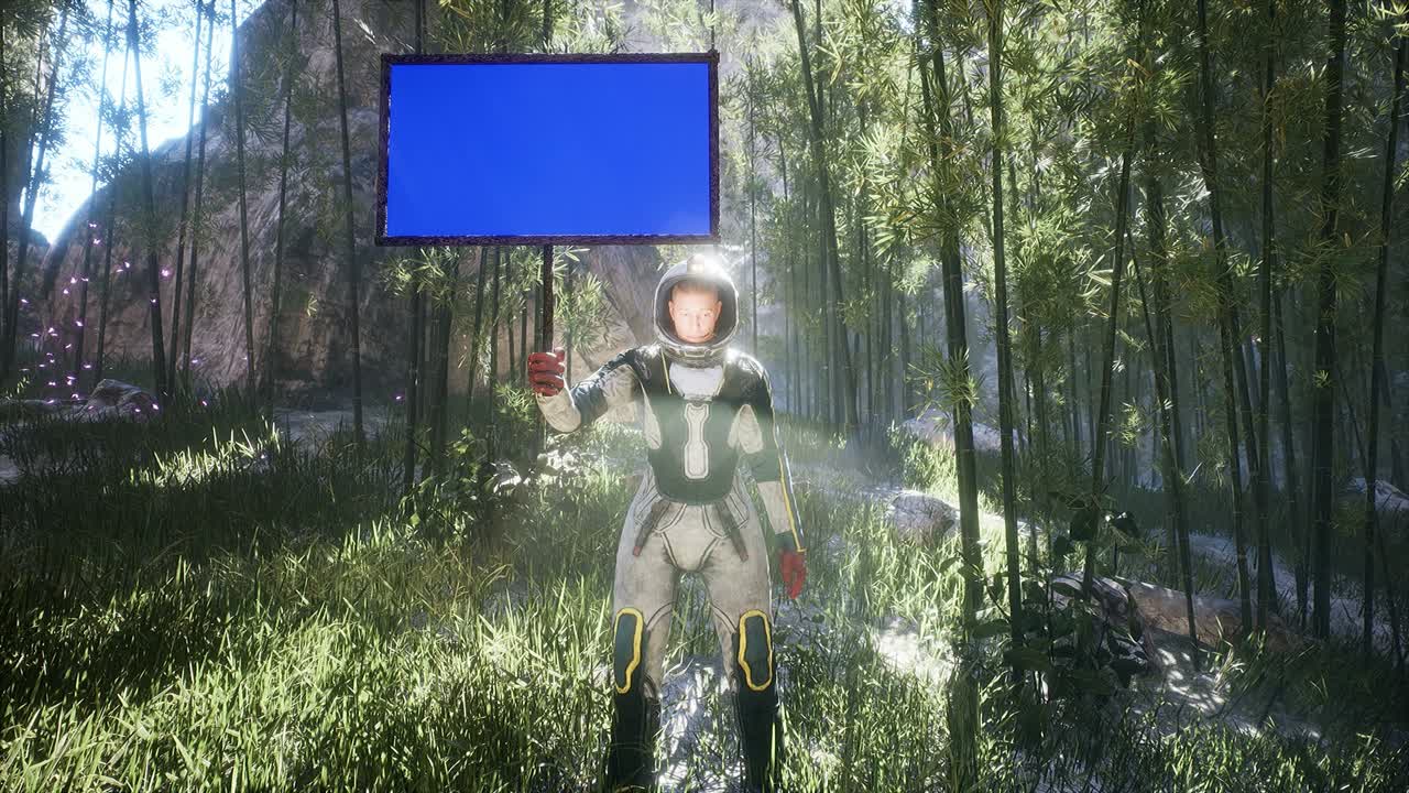 우주비행사가 파란색 화면 배너를 들고 새로 탐사하지 않은 행성에 서 있습니다. 새로운 행성을 발견하는 개념. 애니메이션은 우주, 우주 여행 또는 공상 과학에 완벽합니다.