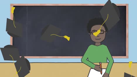 animación de sombreros de graduación volando sobre la pizarra y escolar escribiendo sobre un fondo azul