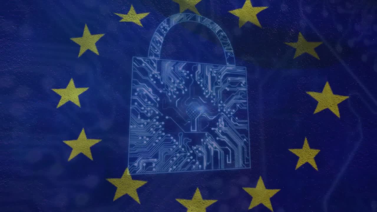 Lucchetto composto da microprocessori su sfondo di bandiera dell'UE