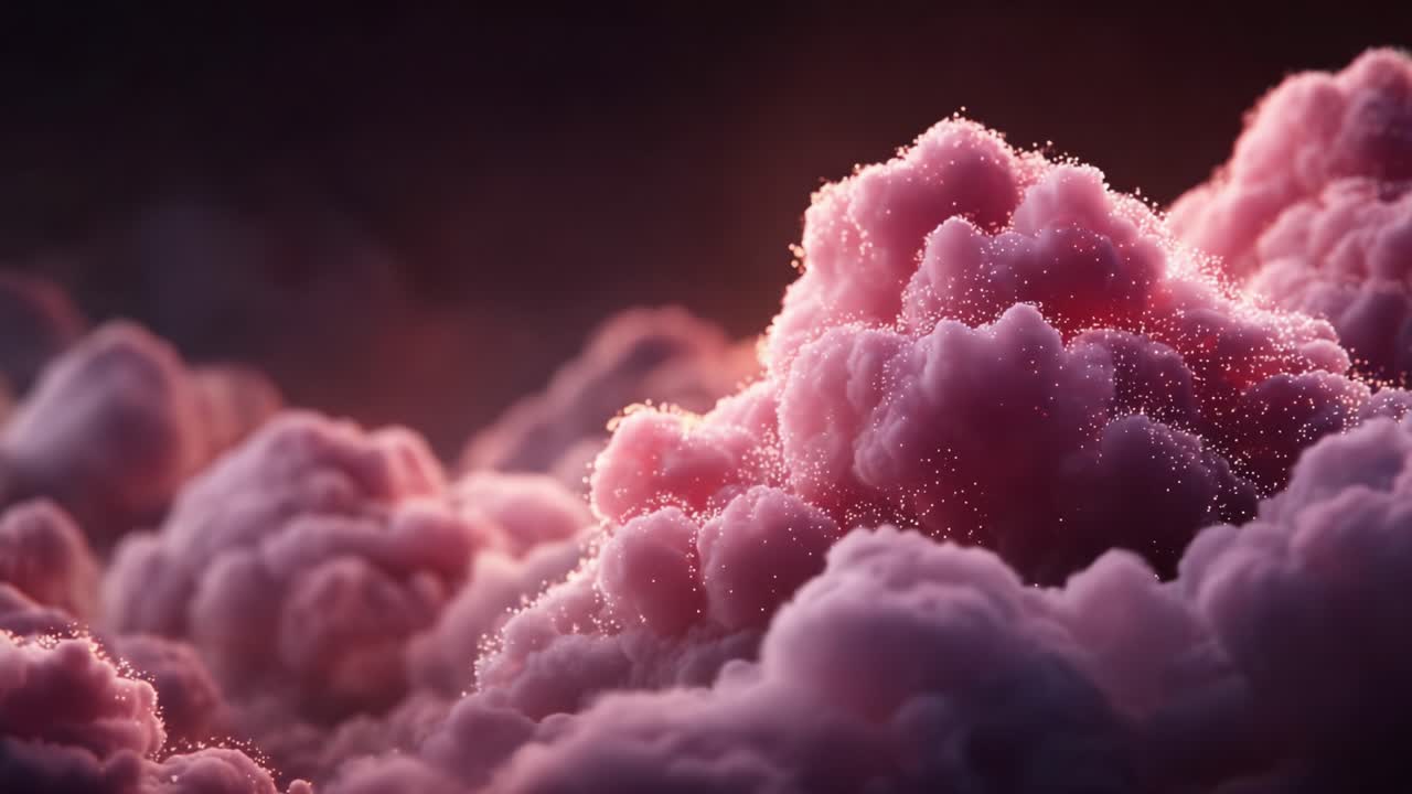 Betagende pink skyer oplyst af lys, som skaber en drømmeagtig atmosfære fyldt med funklende partikler og bløde teksturer
