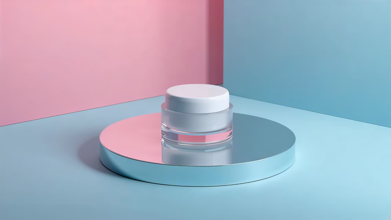 Starting mirror turntable rotating glass cosmetic jar at two-tone studio corner, showcasing design