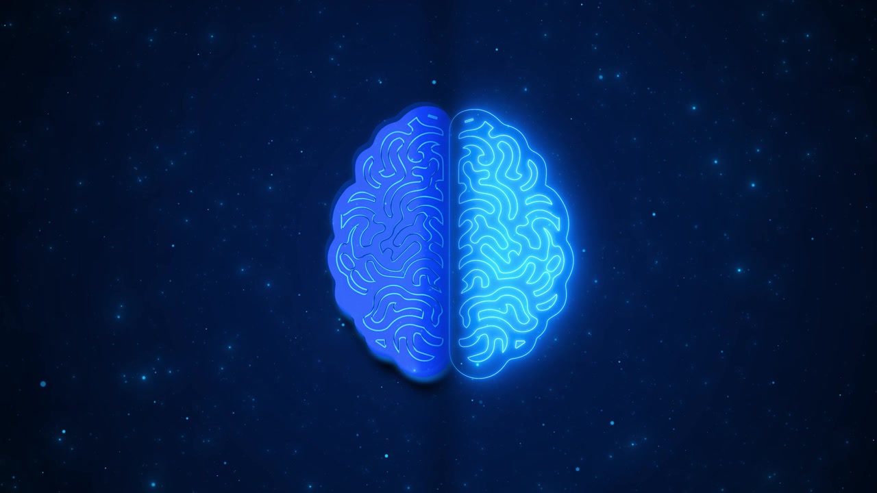 Glowing blue digital brain background with split neural design soft particles and dark science space