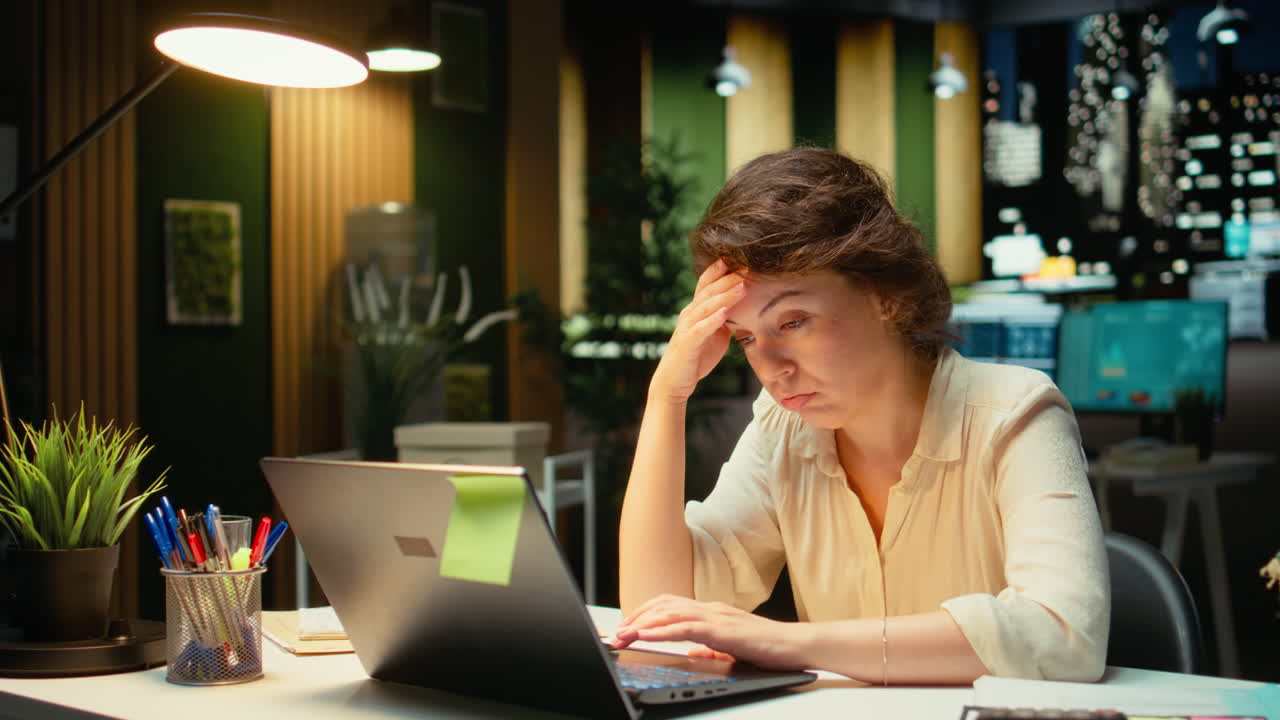 Vertical Video Business director sleepy and burdened at the office late at night