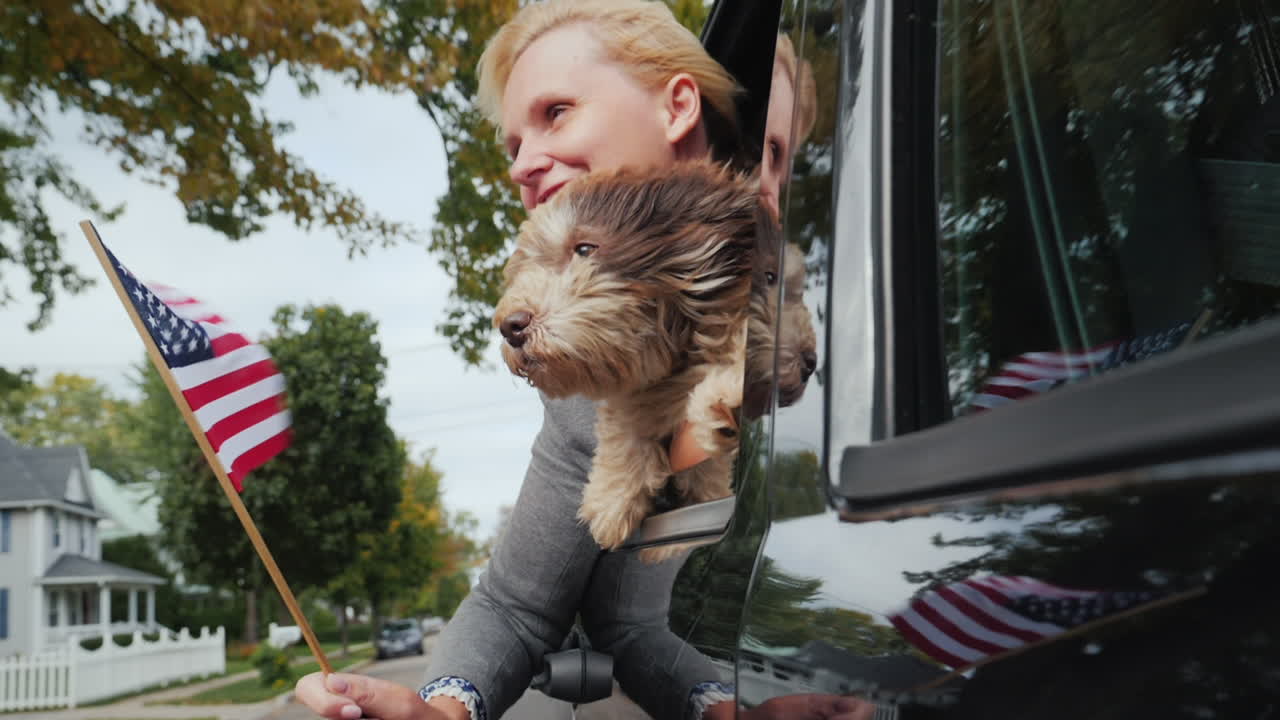 차창에 여자와 개와 우리 깃발