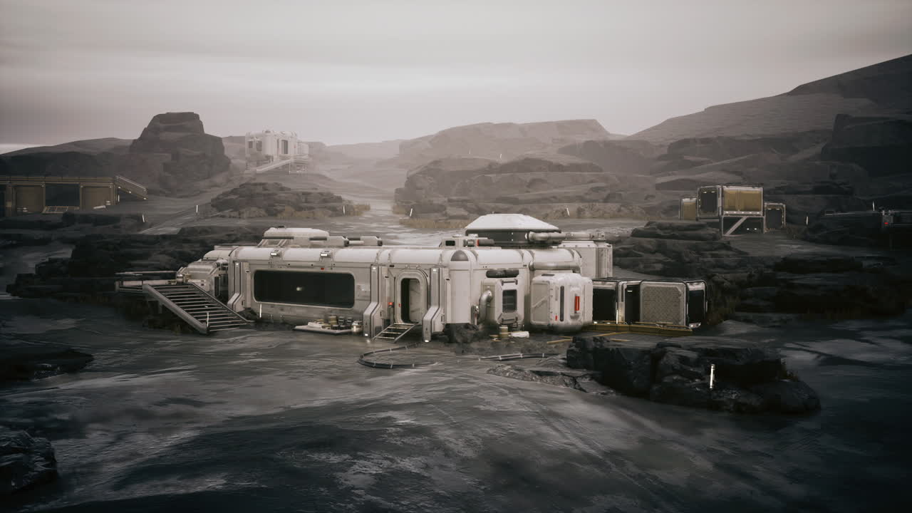 Futuristic space station in desert terrain