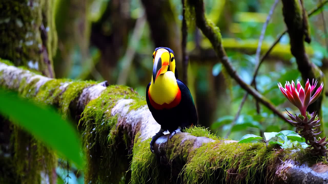Colorful Toucan Perched on Mossy Branch in a Tropical Forest
