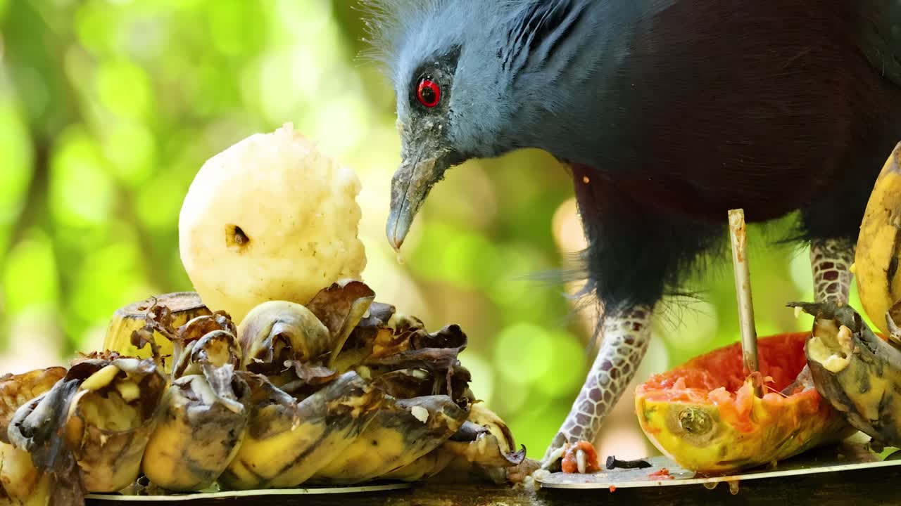 A Victoria Crowned Pigeon enjoys a meal of bananas and pineapple in a lush, green setting.