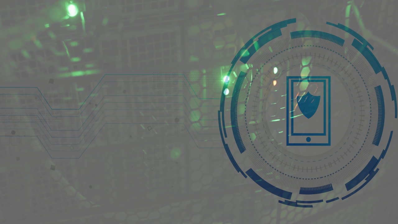 Animation of shield and digital data processing over computer servers